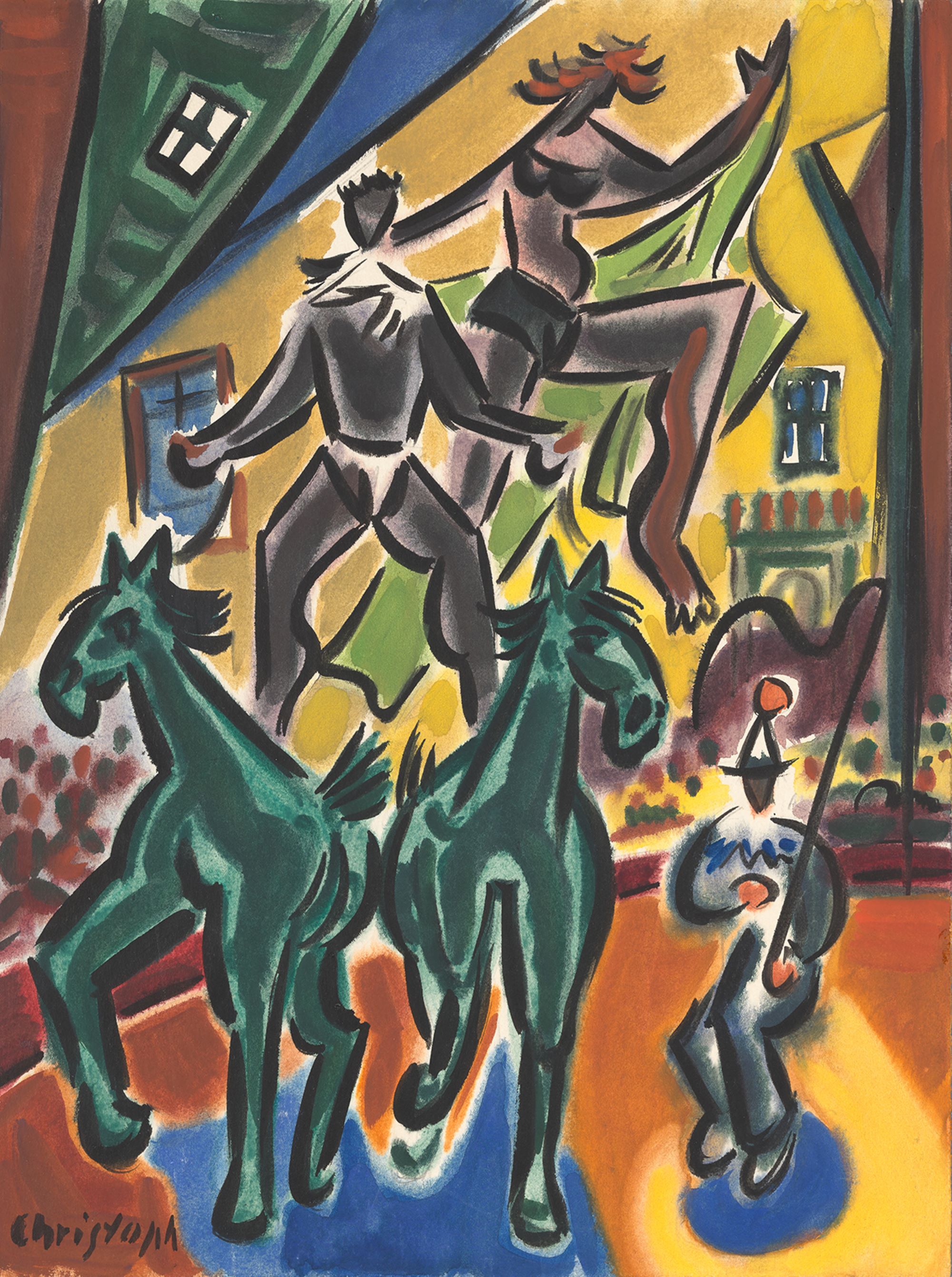 Buntes, expressionistisch gemaltes Bild im Hochformat mit zwei Pferden, zwei Artisten und einem Clown in der Manege