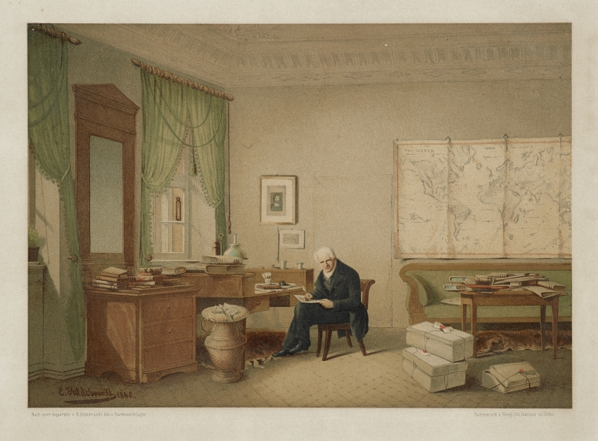 E. Bartenschläger nach einem Aquarell von Eduard Hildebrandt, Alexander von Humboldt in seinem Arbeitszimmer, 1845, Farblithografie, Lindenau-Museum Altenburg
